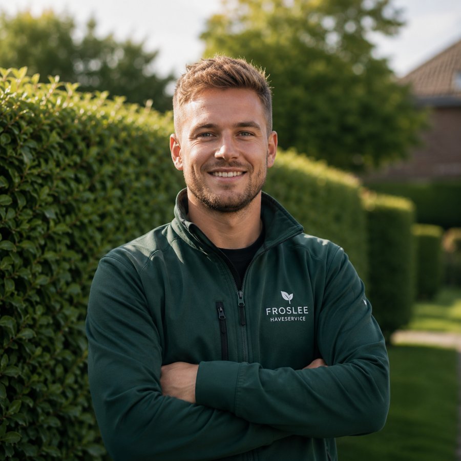 Tobias Froslee foran en nyklippet hæk